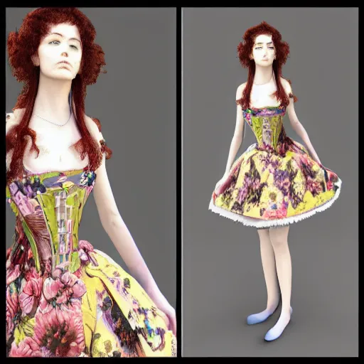 Prompt: highly detailed 3D render portrait young lady dressed in manga, floral renaissance dress