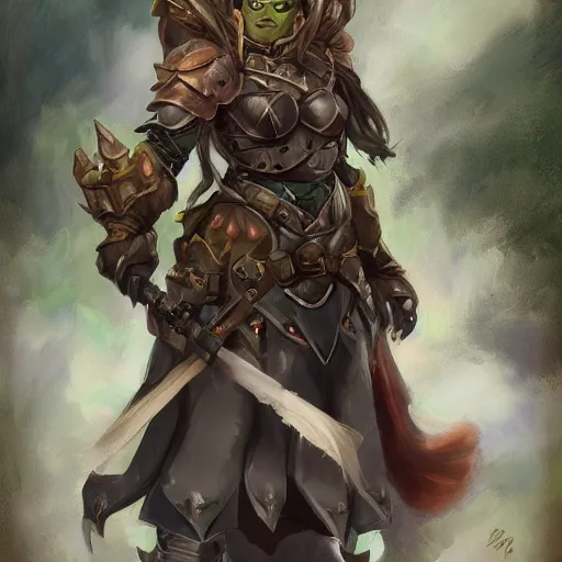 Prompt: full character portrait green orc lady in full plate armour by art style by klimt and nixeu and ian sprigger and wlop and krenz cushart