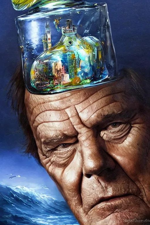 Image similar to a ship in a bottle but instead of a ship it is jack nicholson in the bottle, painting by android jones and artgerm and greg rutkowski