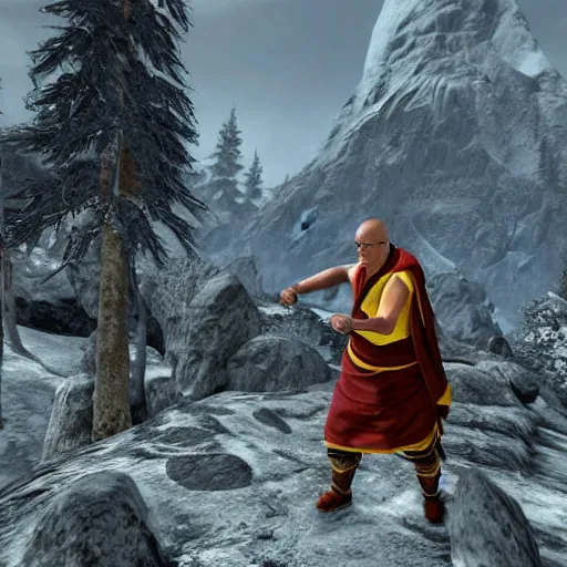 Image similar to action shot of the Dalai Lama NPC in bethesda Skyrim (Skyrim) ((Skyrim)) special edition videogame, 4k resolution, octane render