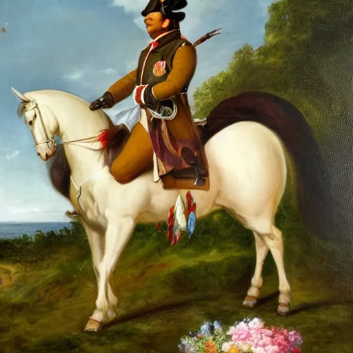 Image similar to a giant squirrel carrying napoleon bonaparte on its back, beach scene with flowers and foliage, detailed oil painting