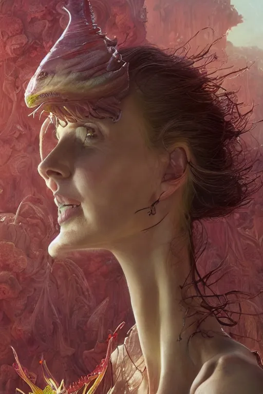 Image similar to Venus flytrap with face of Charlize Theron, intricate, highly detailed, smooth, artstation, digital illustration by Ruan Jia and Mandy Jurgens and Artgerm and Wayne Barlowe and Greg Rutkowski and Zdislav Beksinski