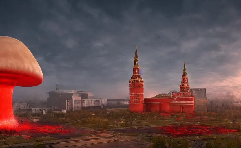 Prompt: ultra realistic picture of a big nuclear explosion with realistic nuclear mushroom in Red Square Kremlin, extremely high detail, photo realistic, cinematic lighting, post processed, artstation, matte painting, unreal engine 5, 8k