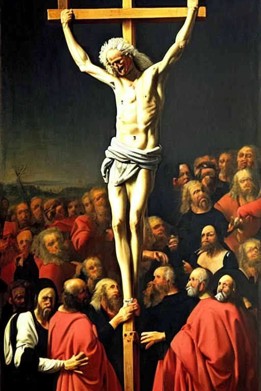 Prompt: painting of wailing geert wilders being crucified, renaissance, breathtaking painting