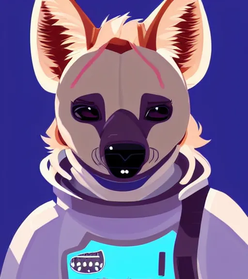 Image similar to digital detailed art of furry female hyena, in style of zootopia, fursona, furry, furaffinity, deviantart, wearing astronaut outfit, floating in space, space background, hyena fursona, cyberpunk, female, detailed face, style of artgerm,