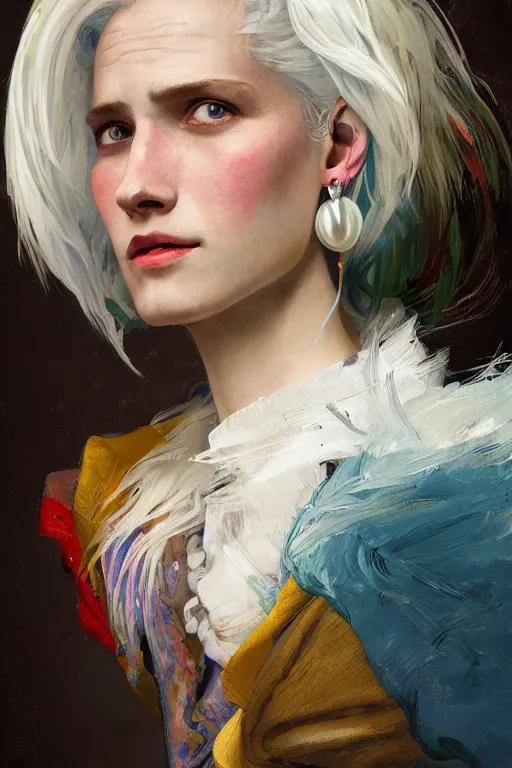 Prompt: close-up Howl from Howl's Moving Castle with white hair, pearl earrings, colourful clothes, fantasy, portrait, highly detailed, digital painting, artstation, concept art, sharp focus, illustration, art by greg rutkowski and alphonse mucha, oil painting by John Ward, by Arthur Walker, by Vermeer,