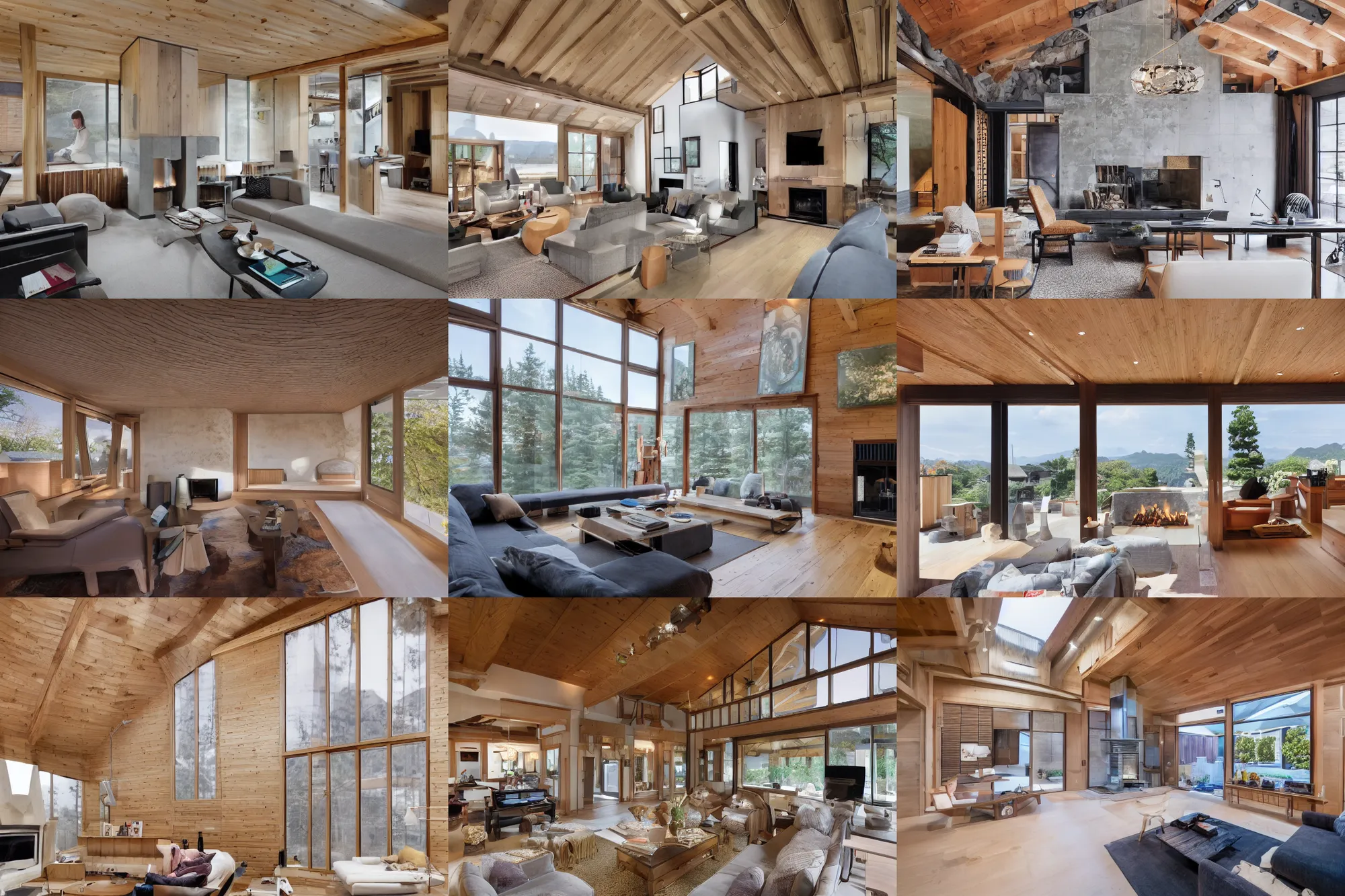 Prompt: luxurious wooden cottage, modern Japanese living room, Japanese flower arrangements, high-tech devices, fireplace, coherent composition, architecturally accurate, architecture photography