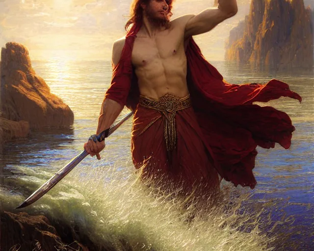 Image similar to attractive male wizard casting powerful tsunami wave spell in a beautiful lake. highly detailed painting by gaston bussiere, craig mullins, j. c. leyendecker 8 k