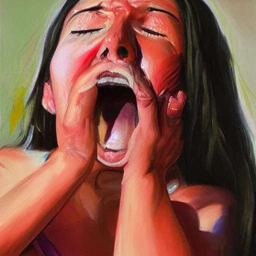 Image similar to Woman in pain after stubbing her toe badly, OUCH, hurting, oil painting, photorealism