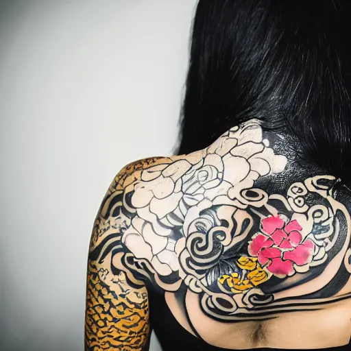 Prompt: photography of the back of a woman with a black detailed irezumi tatto representing a gold tiger with flowers, mid-shot, dark background, editorial photography