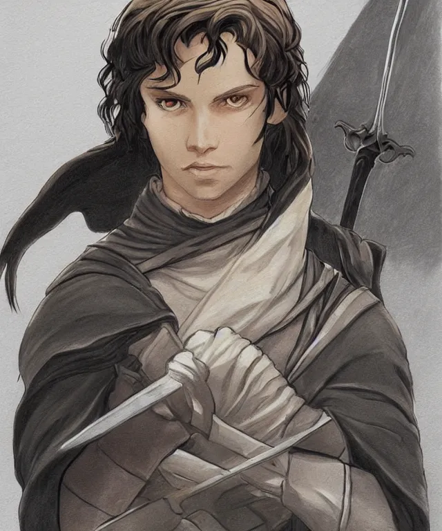 Prompt: drawing painting portrait of a noble young man with a sword in style of game art lord of the rings banner saga ashes of gods frank miller alex ross trending