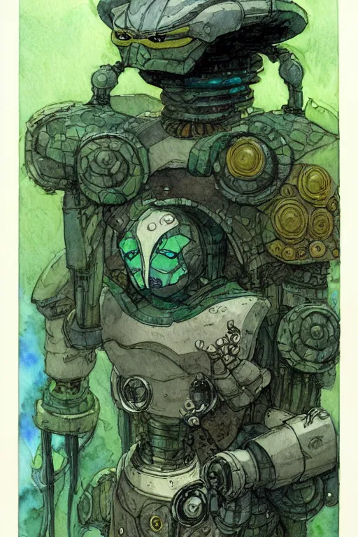 Image similar to a simple and atmospheric watercolour fantasy character concept art portrait of a mechanized android turtle as a druidic warrior wizard looking at the camera with an intelligent gaze, very muted colors, by rebecca guay, michael kaluta, charles vess and jean moebius giraud