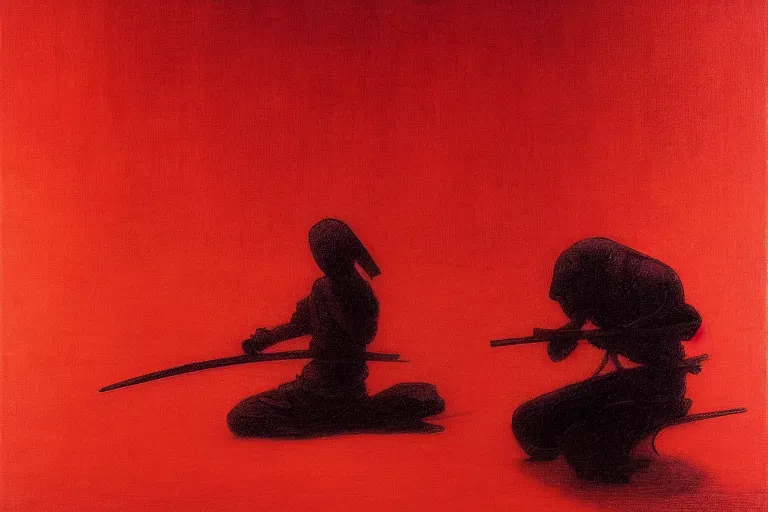 Prompt: only with red, a red samurai harakiri, tokio, a lot of frogs watch, in the style of beksinski, parts by edward hopper, parts by rodcenko, parts by yue minjun, intricate and epic composition, red by caravaggio, insanely quality, highly detailed, masterpiece, red light, artstation, 4 k