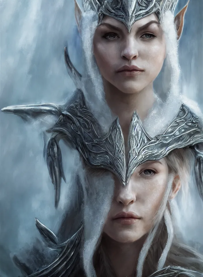 Prompt: a closeup portrait of an elven queen from skyrim wearing white mithril armor, fantasy setting, cold environment, serene colors, soft lighting, atmospheric, cinematic, moody, in the style of diego koi, gina heyer, luiz escanuela, art by alyssa monk, depth, hyperrealism, rule of thirds, golden ratio, oil on canvas, 8 k