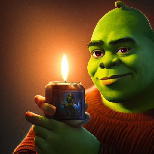 Image similar to painting of shrek, candlelight, 8 k, lens flare, atmosphere, glow, detailed, intricate, beautiful color, dungeons and dragons, dark, gritty, satanic, cinematic lighting, trending on artstation, 4 k, hyperrealistic, focused, highly detailed, unreal engine 5, cinematic, masterpiece