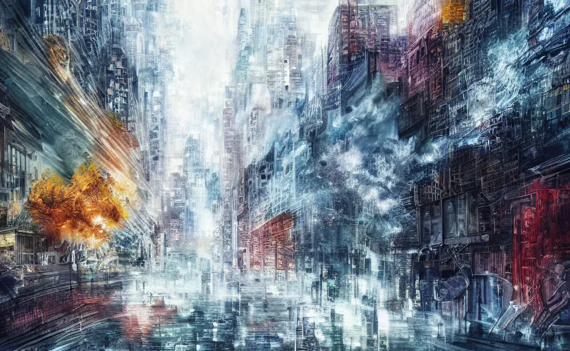 Prompt: City crashing into the Ground, digital painting, expressionistic, intricate detail, meticulous brush strokes, genius composition, masterpiece, work of art, 4k wallpaper