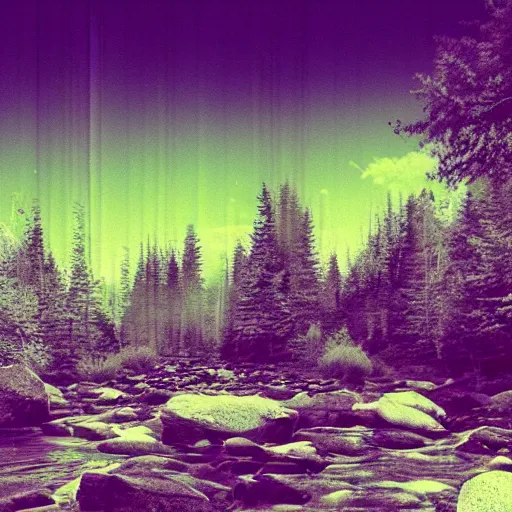 Prompt: a beautiful landscape, river, rocks, trees, by greg rutkowsi, glitch, glitchy, vhs