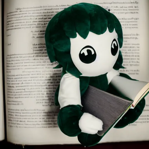 Prompt: cute fumo plush of a boy holding a book of forbidden spellcasting, eerie glow, black and white, green lighting and shadow, tendrils, vray
