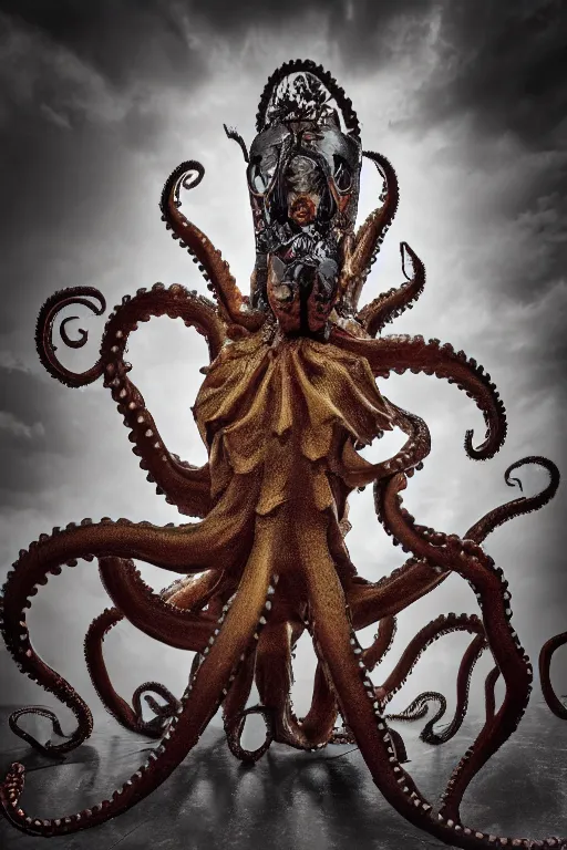 Image similar to a spectacular wideangle shot of a giant scary rococo octopus queen, award winning photography