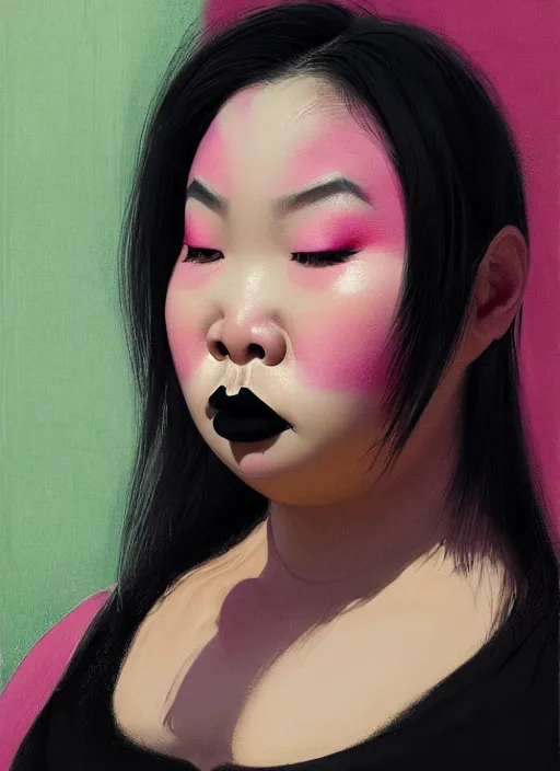 Prompt: portrait of a plump thai woman with a crooked nose and a confident expression, 1 9 6 0 s, black clothes, goth, punk, brightly coloured hair, funk, intricate, elegant, highly detailed, digital painting, artstation, concept art, smooth, sharp focus, illustration, art by wlop, mars ravelo and greg rutkowski