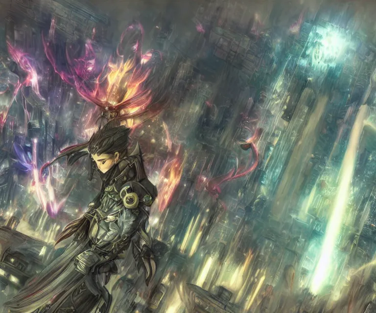 Image similar to neo tokyo, dark fantasy, xenoblade chronicles, concept art, video game, phoenix flames