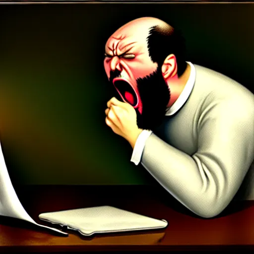 Image similar to an angry man yells at his computer monitor, oil on canvas, 1 8 8 3, highly detailed