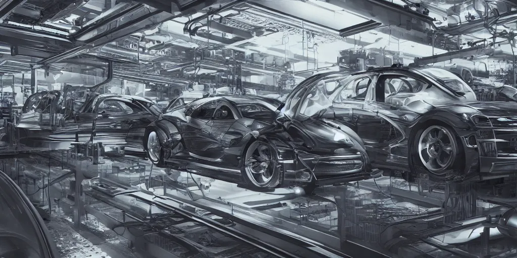 Image similar to carbon fiber automobile production line of hydrogen power energy, science fiction, beautiful, cinematic lighting, intricate details, octane rendering, trending on artstation, featured on behance.