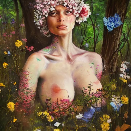 Image similar to portrait of a beautiful woman corpse covered in flowers in the middle of a Forest, ray gods, oil paint,