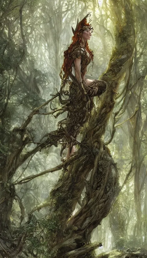 Image similar to Realistic painting of a high fantasy wood elf wizard in a magical forest clearing by Jean Baptiste Monge, Boris Vallejo, Artgerm, Donato Giancola, trending on artstation, dramatic lighting