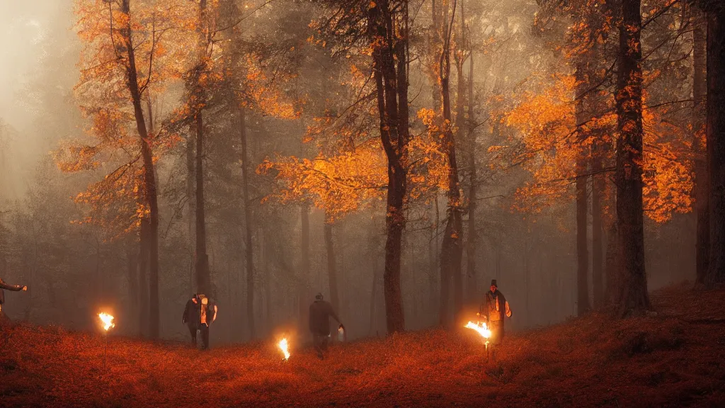 Image similar to beautiful render of several indigenous men walking holding torches, unreal engine, evening, smoke, sparks, torch, soft light, forest, fall, orange leaves, larches, early morning, fog, mist, by greg rutkowski, cgsociety