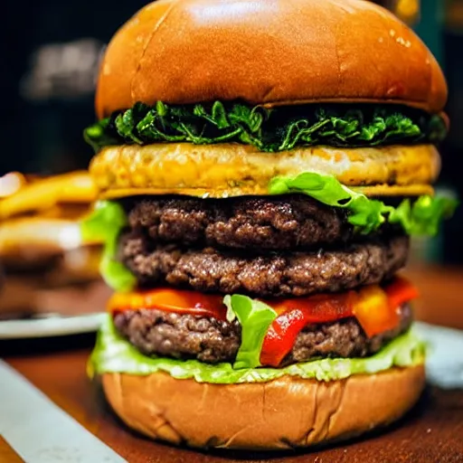 Prompt: massive tall burger, award winning photo, food photography, golden hour, holy