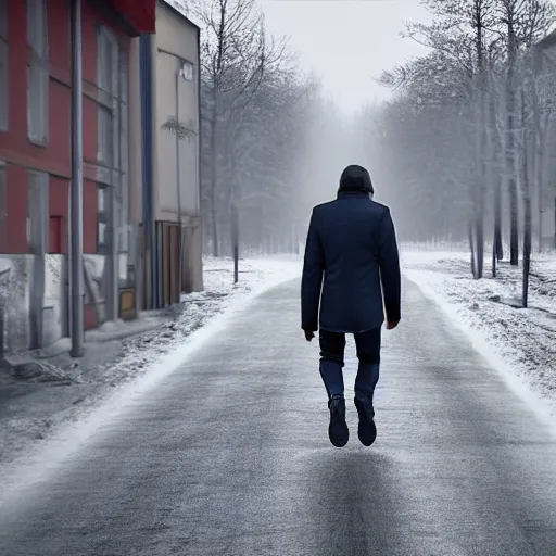 Prompt: Man walking on street, Myyrmäki, Vantaa, winter, hyper realistic, -n 2