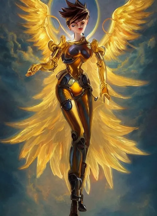 Prompt: full body oil painting of tracer overwatch in the style of delphin enjolras, angel wings, angelic golden armor, dramatic painting, symmetrical composition, ornate, golden chains, high detail, gold detailed collar!!!!!, blooming, angelic, lights, flowers, heavenly, bright, detailed face,