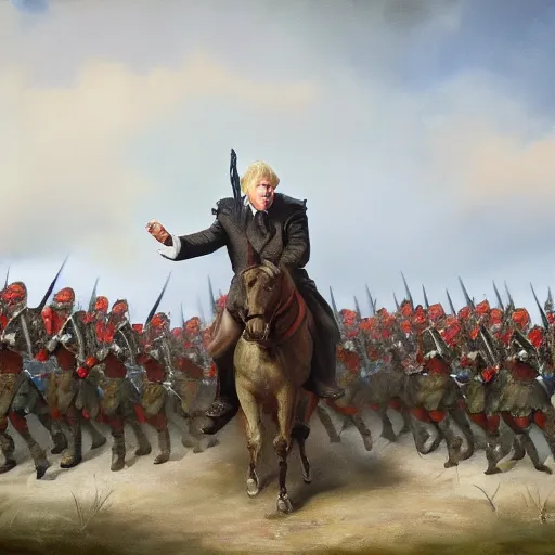 Prompt: found footage of general boris johnson leading his men into battle, glorified image, 8k, oil painting