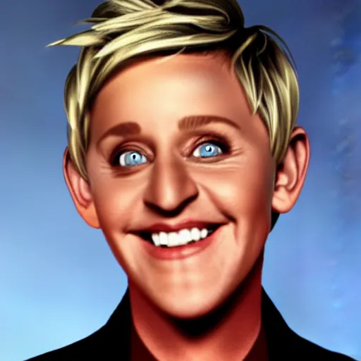 Image similar to ellen degeneres as the devil, pure evil, demonic background