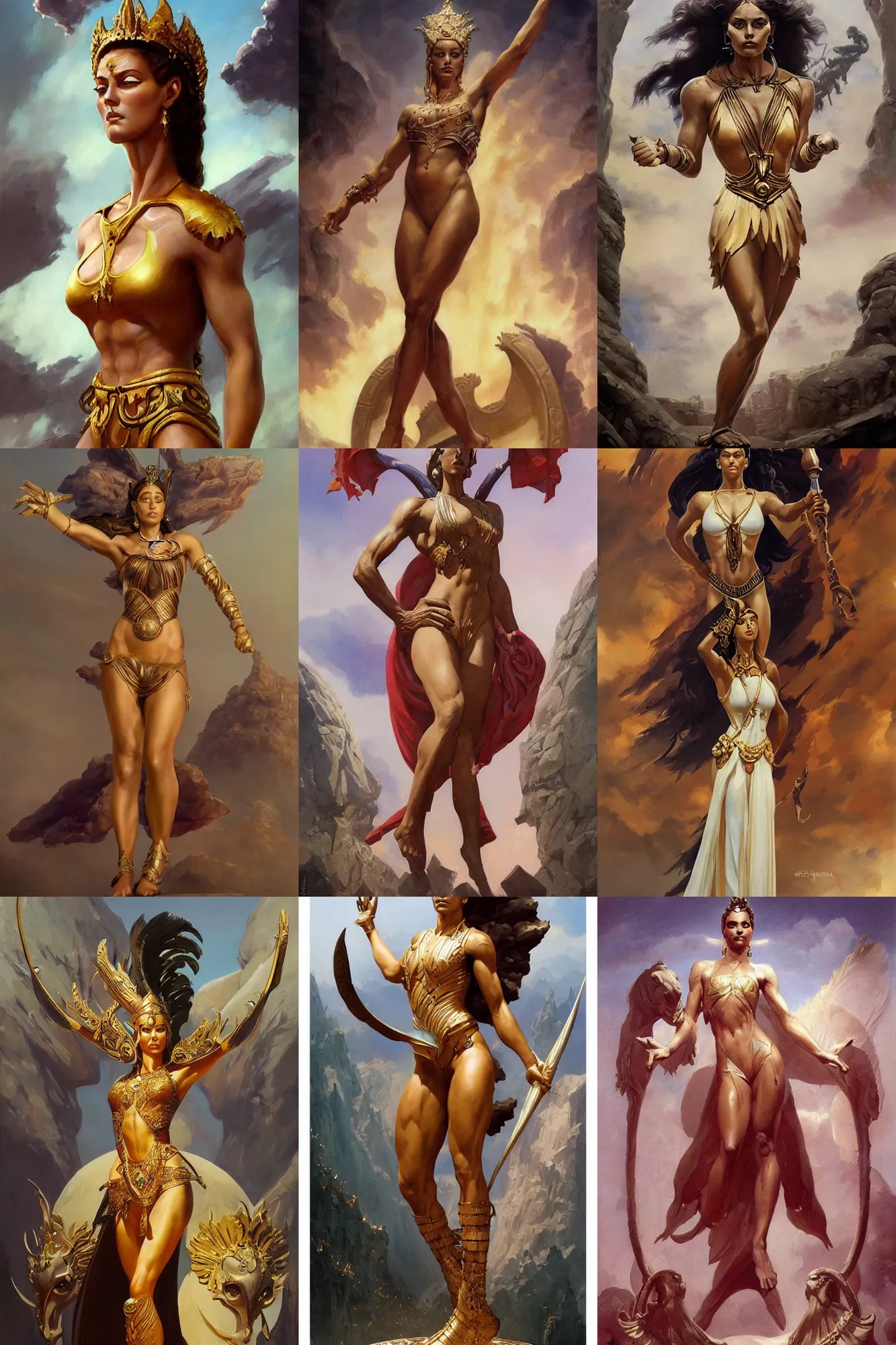 Prompt: A full length portrait of a goddess at the first olympic games, by Boris Vallejo, Greg Rutkowski, Frank Frazetta, epic fantasy character art, very very beautiful, olympus, Exquisite detail, post-processing, masterpiece, cinematic, coliseum