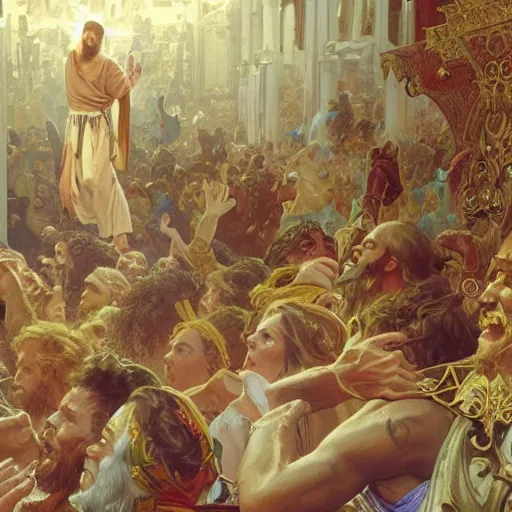 Prompt: a detailed picture of jesus throwing the merchants out of the temple, thrown tables, scattered gold coins, fleeing merchants, fantasy, intricate, elegant, highly detailed, digital painting, artstation, matte, sharp focus, illustration, art by john collier and albert aublet and krenz cushart and artem demura and alphonse mucha