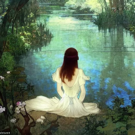 Prompt: a beautiful painting of the back view of a young lady in white dress sitting by the river in a grown forest, looking at her reflection on the water, sunlight reflected on the river, Mucha, Moebius, Mohrbacher