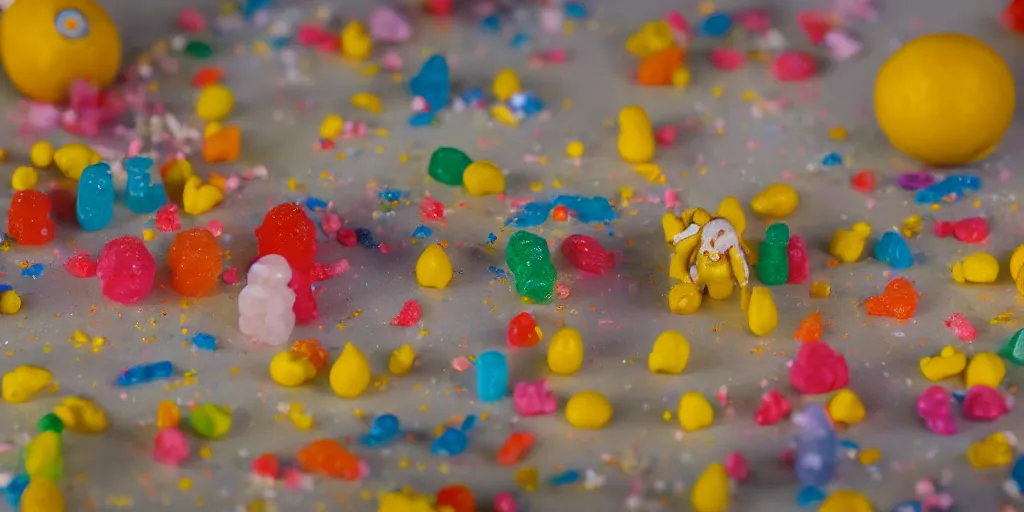 Image similar to a cinematic film still of a claymation stop motion film about a town made of lemons and candy, shallow depth of field, 8 0 mm, f 1. 8