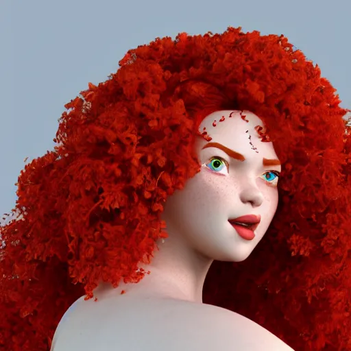 Image similar to 3d rendered gorgeous red haired woman with big curly hair and freckles, curvy figure wearing dress with flower print, Pixar CGI , octane render, sharp details, bloom, 8k resolution, OLED, trending on artstation