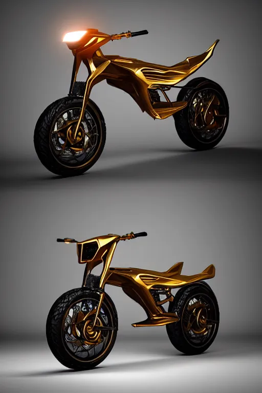 Image similar to “ deer bike. front on, symmetrical. industrial design. good design award, innovative product concepts, most respected design, amazing depth, glowing, golden ratio, 3 d octane cycle unreal engine 5, volumetric lighting, cinematic lighting, cgstation artstation concept art ”