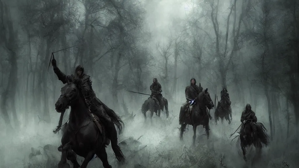 Image similar to dark riders on horse, forest, Nazgûl, lord of the rings digital art by Ruan Jia, Rudolf Béres, James Zapata, Jamey Jones