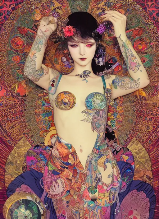 Image similar to cute punk goth fashion hippy fractal tattooed Carnival girl wearing kimono posing by Zhang Jingna, psychedelic poster art of by Victor Moscoso Rick Griffin Alphonse Mucha Gustav Klimt Ayami Kojima Amano Charlie Bowater, masterpiece