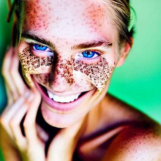 Image similar to a trending photo of over a million views from a female fashion model's instagram account, summer, freckles, smile, green eyes, natural, easygoing, healthy, nikon, leica, zeiss, 5 0 mm lens, flash fill, f 1. 8 depth of field