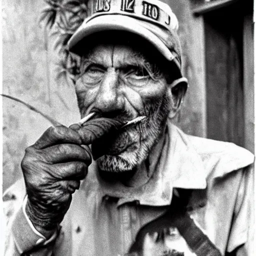 Prompt: grizzled veteran cat smoking a cigar, still from a war documentary, 1952