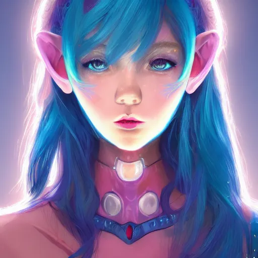 Image similar to art championship winner vivid colors trending on artstation portrait of a goddess elven mecha warrior princess, head and shoulders, blue hair, matte print, pastel pink neon, cinematic highlights, lighting, digital art, cute freckles, digital painting, fan art, elegant, pixiv, by Ilya Kuvshinov, daily deviation, IAMAG, illustration collection aaaa updated watched premiere edition commission ✨✨✨ whilst watching fabulous artwork \ exactly your latest completed artwork discusses upon featured announces recommend achievement