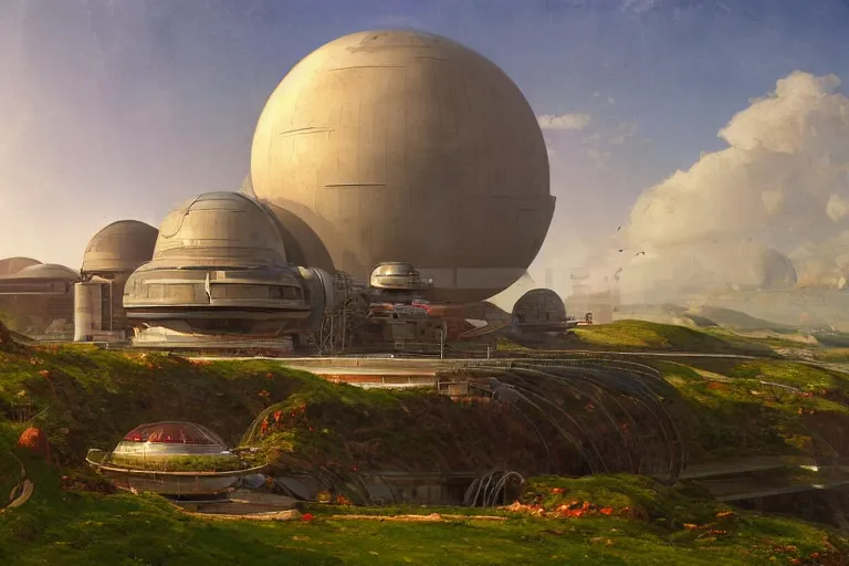 Prompt: a beautiful impressive science fiction big factory with a spherical architecture designed by boeing military and star wars with fat cables and pipes at its base, on a beautiful green hill in a the french countryside during spring season, painting by studio ghibli backgrounds and frederic edwin church hd, nice spring afternoon lighting, smooth tiny details, soft and clear shadows, low contrast, perfect