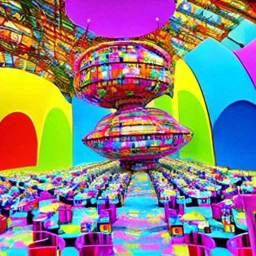 Prompt: a beautiful factory made by Willy Wonka, colorful, amazing, bizarre, mega structure, imaginative!!