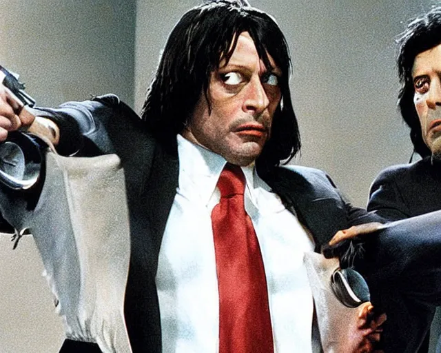 Image similar to detailed Mads Mikkelsen as Vincent Vega in Pulp Fiction with his partner Jules Winnfield, movie scene