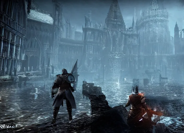 Prompt: Dark Souls game screens, under water, The Grand Palace of Anor londo under water. PlayStation 4